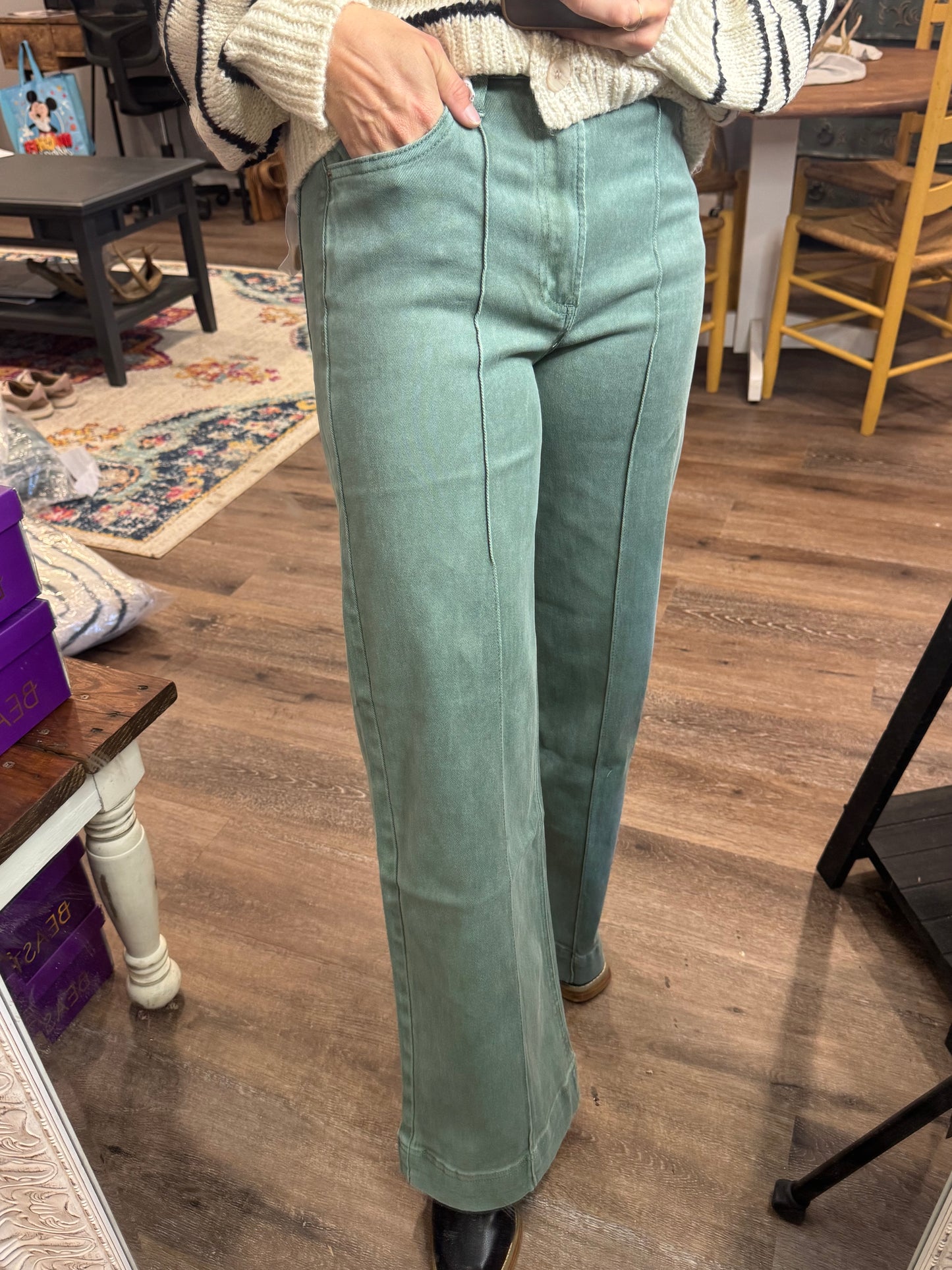 High Rise Pintuck Denim Pants