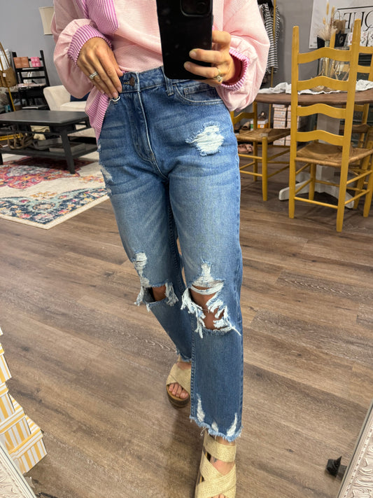 High Rise Distressed Cropped Rigid Jeans