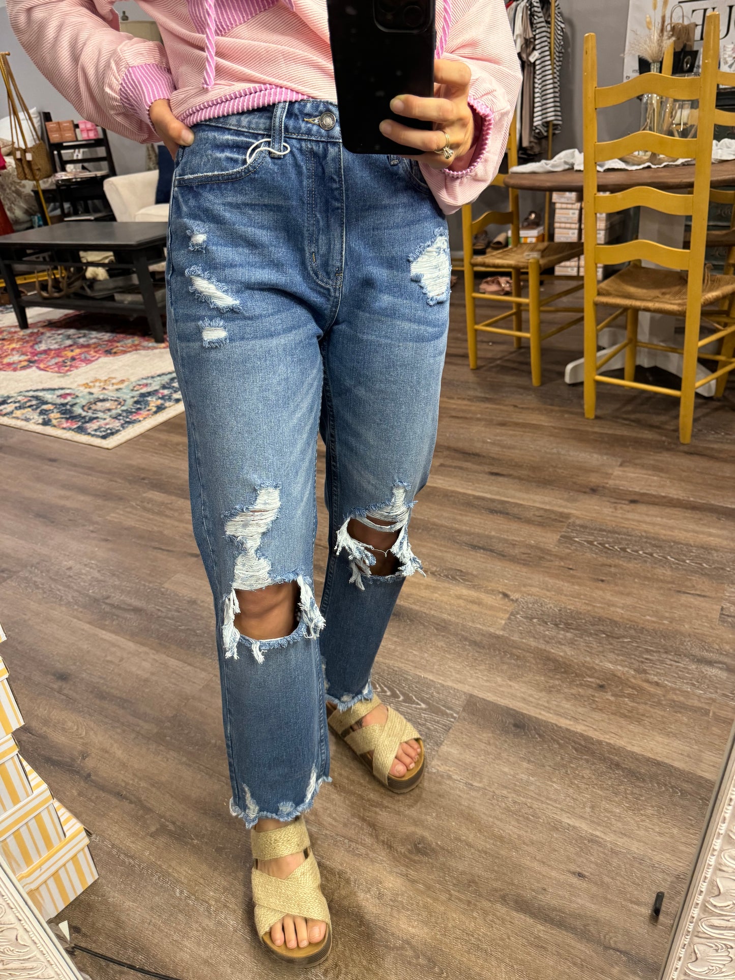 High Rise Distressed Cropped Rigid Jeans